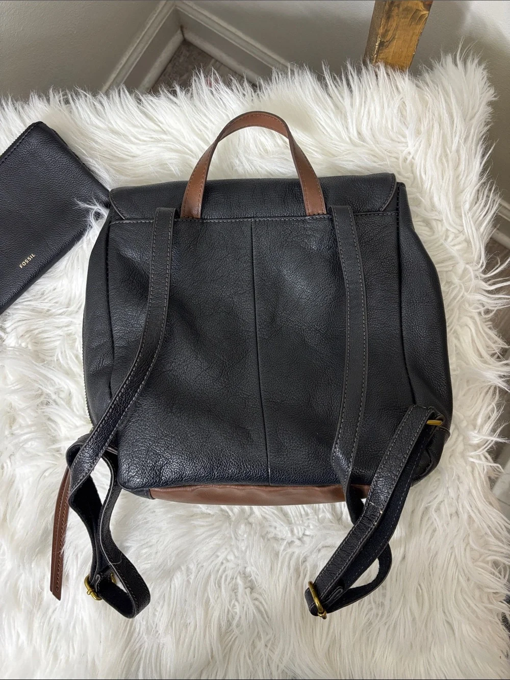 Fossil Black Leather Backpack and Wallet Set with Brown Accent
